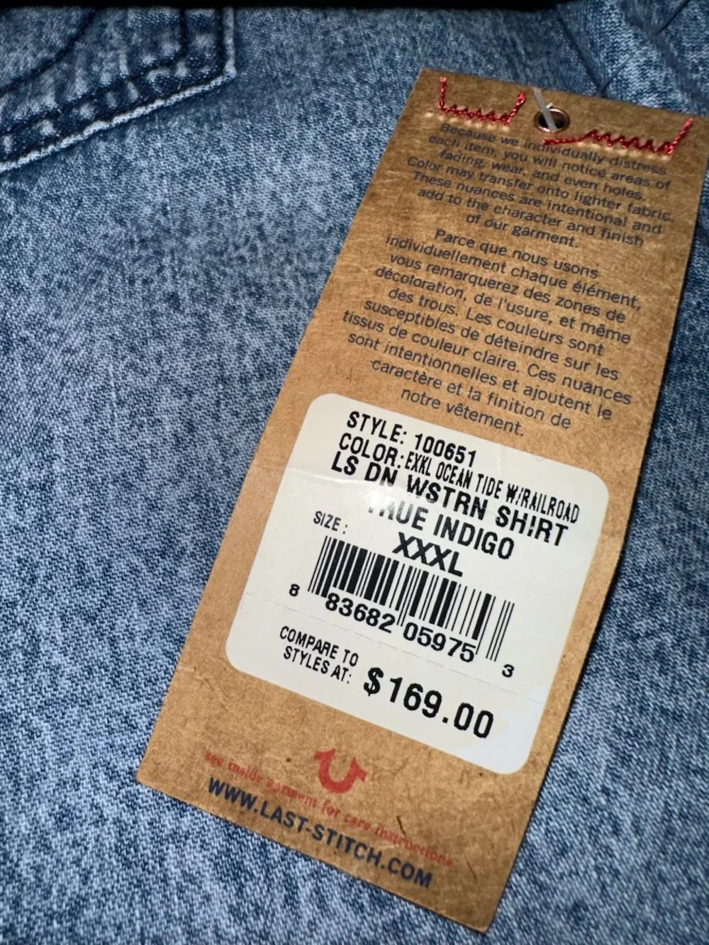 True Religion Mens 3XL Western Blue Denim Jean Jacket Distressed Ocean Tide